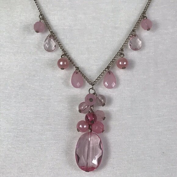 Silver Tone and Pink Acrylic Bead Faux Pearl Dangle Necklace Bling Formal - Picture 2 of 7